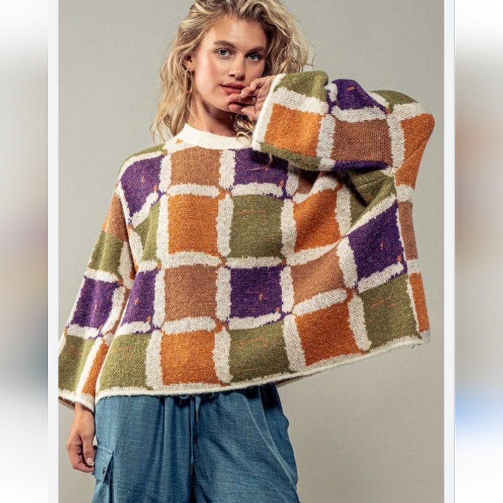 Urban Daizy Cozy Patchwork Knitwear Wool Blend Sweater Boho #227
